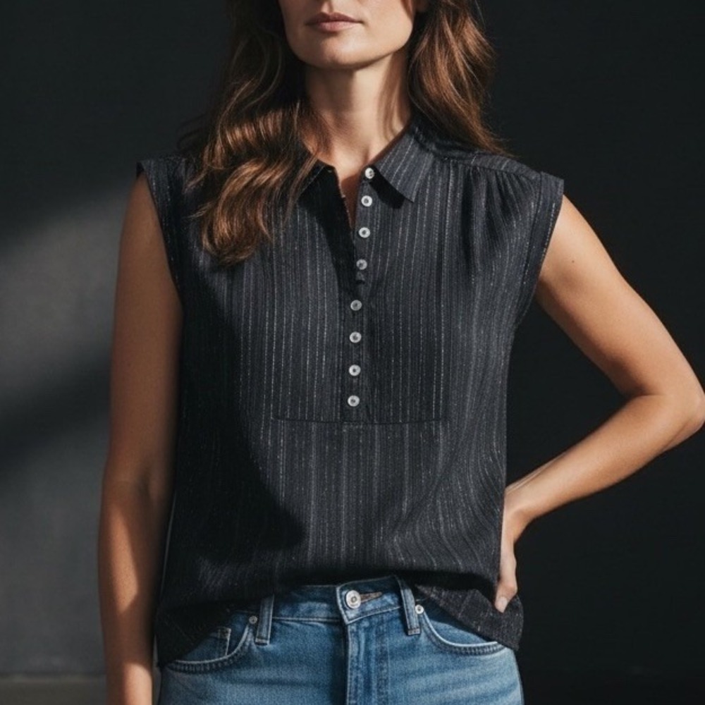 Womens XS LUCKY BRAND Blouse Black Silver Stripe Button Collared Shirt Boho Top